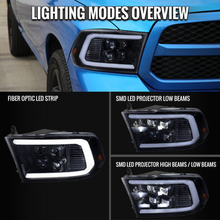 Spec D LED Bar Sequential Turn Signal Projector Headlights (Glossy Black): Dodge RAM 1500 / RAM 2500 / RAM 3500 2009-2024