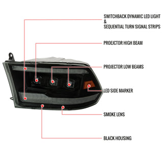 Spec D LED Headlights (Black w/ LED Sequential Signal): Dodge Ram 2009 - 2018