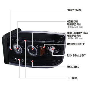 Spec D Projector Halo Headlights (Smoke): Dodge Dakota 2005 - 2007