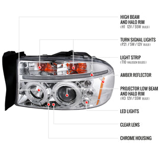 Spec D Projector Halo Headlights (Chrome): Dodge Dakota & Durango 1997 - 2004
