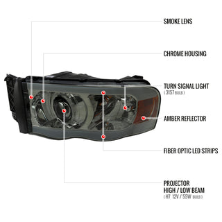 Spec D Projector Halo Headlights w/ LED Bar (Smoke): Dodge Ram 2002 - 2005