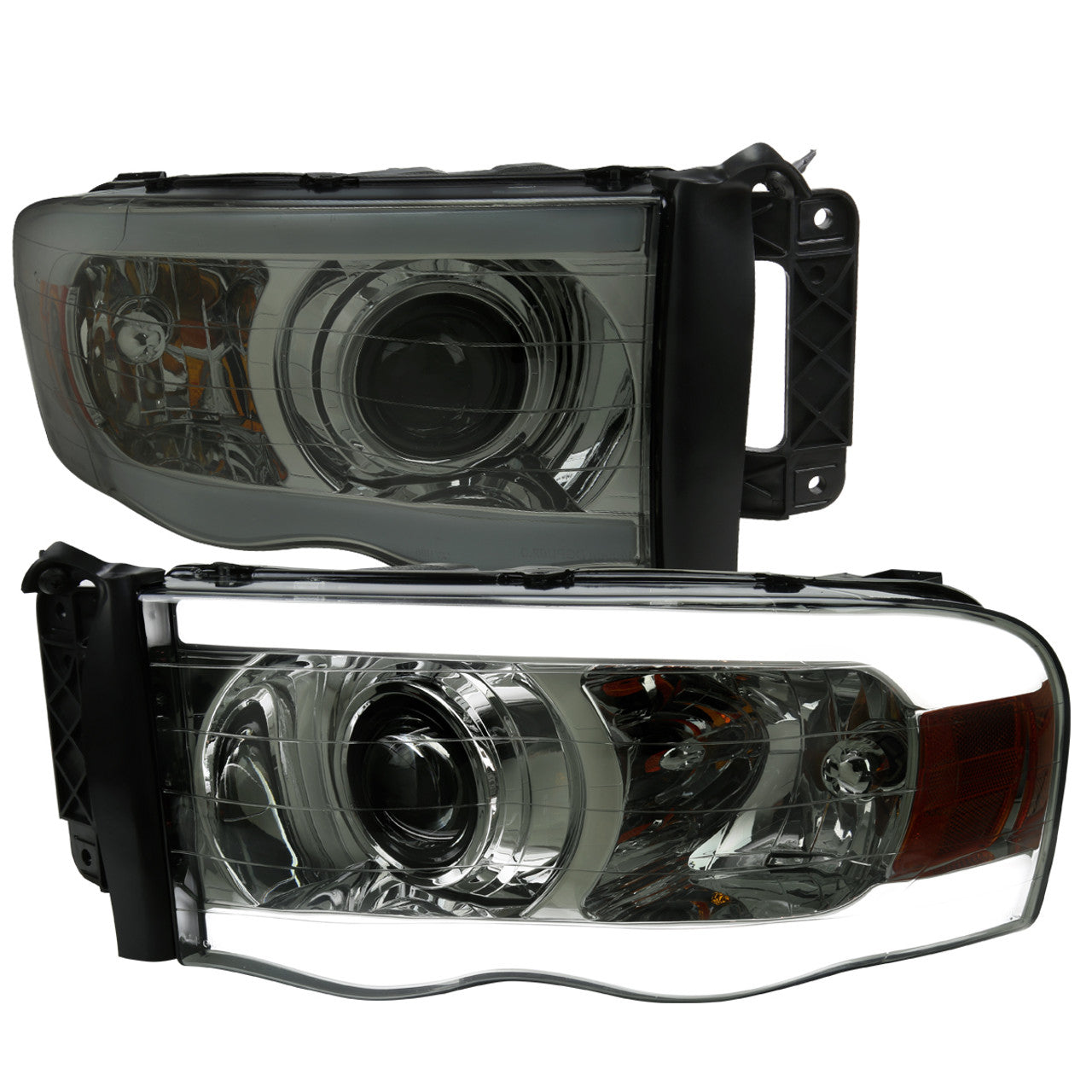 Spec D Projector Halo Headlights w/ LED Bar (Smoke): Dodge Ram 2002 - 2005