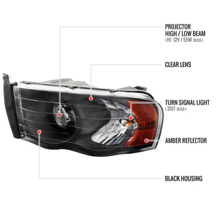 Spec D Projector Halo Headlights (Black): Dodge Ram 2002 - 2005