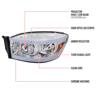 Spec D Projector Halo Headlights w/ LED Bar (Chrome): Dodge Ram 2006 - 2008