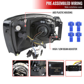 Spec D Projector Halo Quad Headlights w/ LED Bar (Smoke): Dodge Ram 2006 - 2008