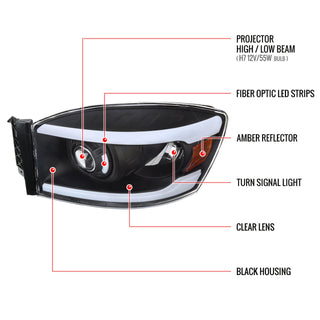 Spec D Projector Halo Headlights w/ LED Bar (Black): Dodge Ram 2006 - 2008