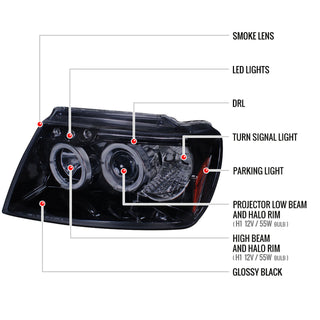 Spec D Projector Halo Headlights (Smoke): Jeep Grand Cherokee 1999 - 2004