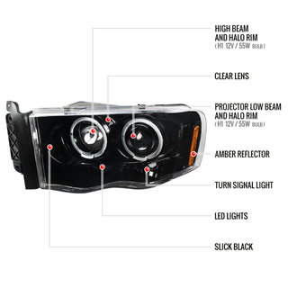 Spec D Projector Halo Headlights (Glossy Black): Dodge Ram 2002 - 2005