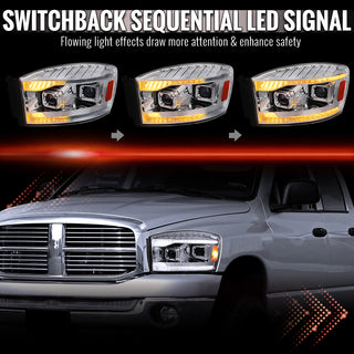 Spec D Projector Headlights Switchback LED Strips: Fits Dodge Ram 1500/2500/3500 2006-2009