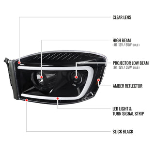 Spec D LED Projector Headlights (Glossy Black): Dodge Ram 2006 - 2008