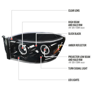 Spec D Projector Halo Headlights (Glossy Black): Dodge Ram 2006 - 2008