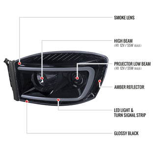Spec D LED Projector Headlights (Smoke): Dodge Ram 2006 - 2008