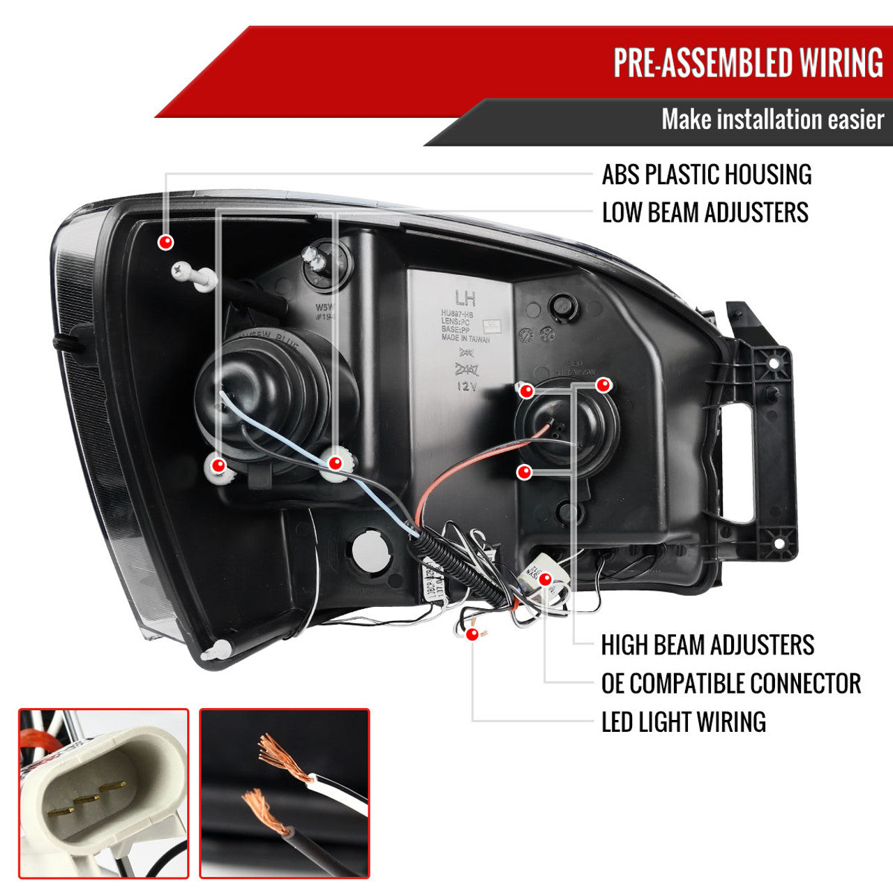Spec D Projector Halo Headlights (Smoke): Dodge Ram 2006 - 2009