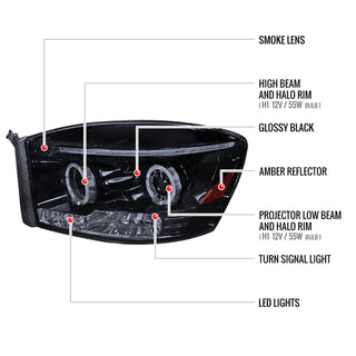 Spec D Projector Halo Headlights (Smoke): Dodge Ram 2006 - 2009