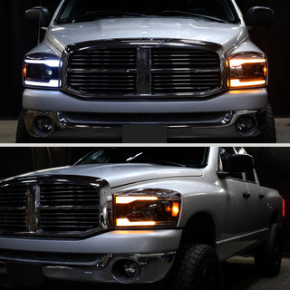 Spec D Projector Headlights Switchback LED Strips: Dodge Ram 1500 2006-2008 / Ram 2500 3500 2006-2009 - Black/Clear