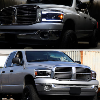 Spec D Projector Headlights Switchback LED Strips: Dodge Ram 1500 2006-2008 / Ram 2500 3500 2006-2009 - Black/Clear