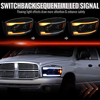 Spec D Projector Headlights Switchback LED Strips: Dodge Ram 1500 2006-2008 / Ram 2500 3500 2006-2009 - Black/Clear