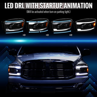 Spec D Projector Headlights Switchback LED Strips: Dodge Ram 1500 2006-2008 / Ram 2500 3500 2006-2009 - Black/Clear