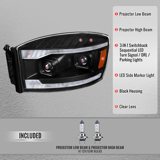 Spec D Projector Headlights Switchback LED Strips: Dodge Ram 1500 2006-2008 / Ram 2500 3500 2006-2009 - Black/Clear