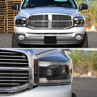 Spec D Projector Headlights Switchback LED Strips: Dodge Ram 1500 2006-2008 / Ram 2500 3500 2006-2009 - Black/Clear