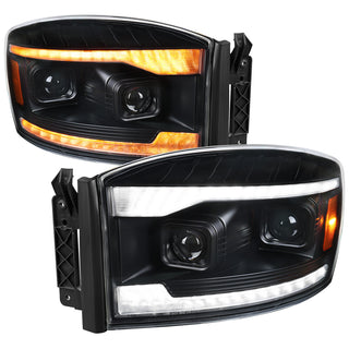 Spec D Projector Headlights Switchback LED Strips: Dodge Ram 1500 2006-2008 / Ram 2500 3500 2006-2009 - Black/Clear