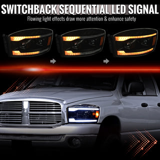 Spec D Projector Headlights Switchback LED Strips Black Housing: Fits Dodge Ram 1500/2500/3500 2006-2009