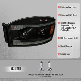 Spec D Projector Headlights Switchback LED Strips Black Housing: Fits Dodge Ram 1500/2500/3500 2006-2009