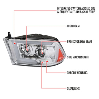 Spec D Projector Halo Headlights w/ Sequential Turn Signal (Chrome): Dodge Ram 2009 - 2018