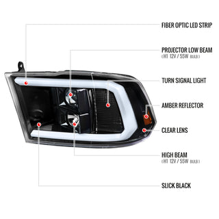 Spec D Projector Headlights w/ Light Bar (Glossy Black): Dodge Ram 2009 - 2018