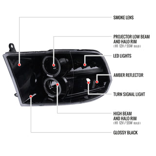 Spec D Projector Halo Headlights (Smoke): Dodge Ram 2009 - 2018