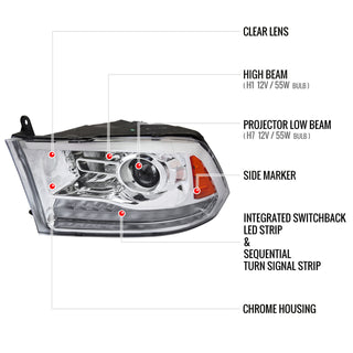 Spec D Projector Halo Headlights (Chrome w/ Sequential Turn Signal): Dodge Ram 2009 - 2018