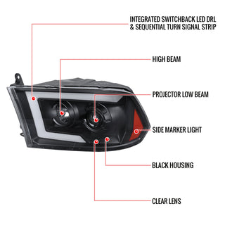 Spec D Projector Halo Headlights w/ Sequential Turn Signal (Black): Dodge Ram 2009 - 2018