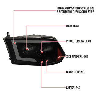 Spec D Projector Halo Headlights w/ Sequential Turn Signal (Smoke): Dodge Ram 2009 - 2018