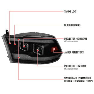 Spec D Projector Halo Headlights (Smoke w/ LED Sequential Signal): Dodge Ram 2009 - 2018