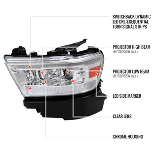 Spec D Projector Halo Headlights (Chrome w/ Sequential Turn Signal): Ram 1500 2019 - 2024