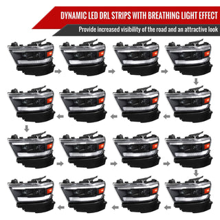 Spec D Projector Halo Headlights (Black w/ Sequential Turn Signal): Ram 1500 2019 - 2024