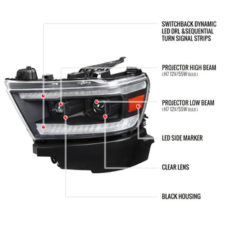 Spec D Projector Halo Headlights (Black w/ Sequential Turn Signal): Ram 1500 2019 - 2024