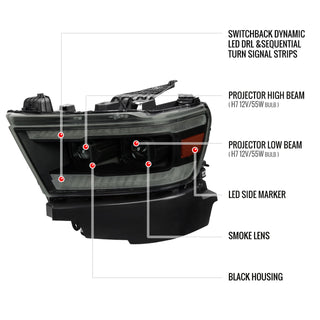 Spec D Projector Halo Headlights (Smoke w/ Sequential Turn Signal): Ram 1500 2019 - 2024