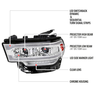 Spec D Projector Halo Headlights (Chrome w/ Sequential LED Signal): Ram 2500 & 3500 2019 - 2024