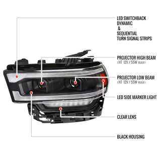Spec D Projector Halo Headlights (Black w/ Sequential LED Signal): Ram 2500 & 3500 2019 - 2024
