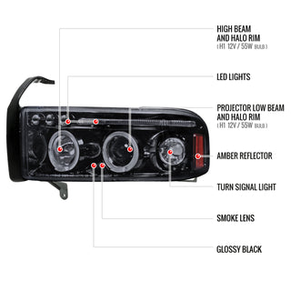 Spec D Projector Halo Headlights (Smoke): Dodge Ram 1994 - 2002