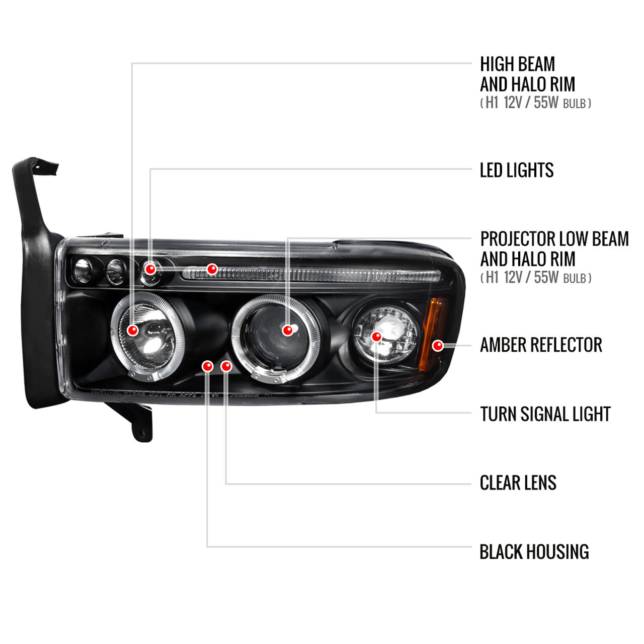Spec D LED Projector Headlights (Black): Dodge Ram 1994 - 2001