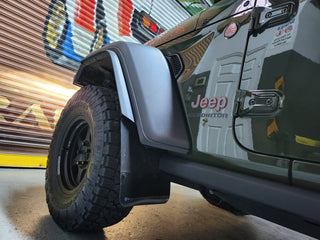 Rally Armor Black Mud Flap: Jeep Gladiator 2020-2024 w/ Army Green Logo