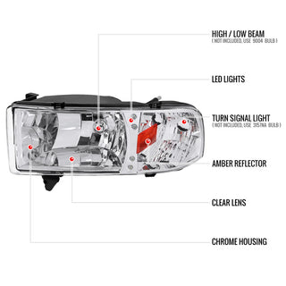 Spec D Crystal LED Head Lights (Chrome): Dodge Ram 1994 - 2001