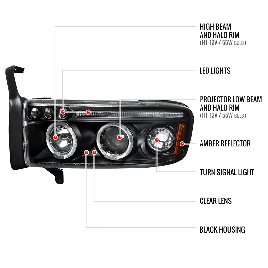 Dodge Ram 2500 1994-2001 Clear Projector Headlights Halo and LED Dodge Ram 2500 1994-2001 Clear Projector Headlights Halo and LED