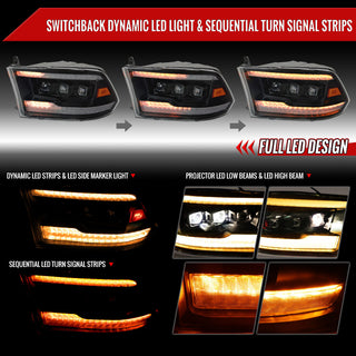 Spec D Projector Headlights Amber LED Sequential: Dodge RAM 1500 / RAM 2500 / RAM 3500 2009-2024