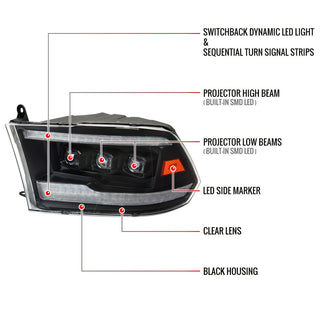 Spec D Projector Headlights Amber LED Sequential: Dodge RAM 1500 / RAM 2500 / RAM 3500 2009-2024