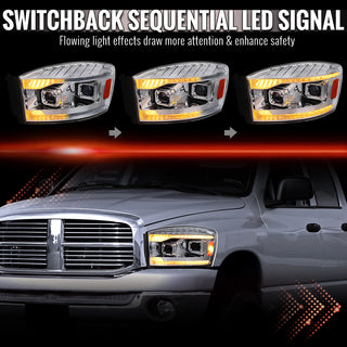 Spec D Projector Headlights Switchback Amber LED Strips: Dodge Ram 1500 2006-2008 / Ram 2500 3500 2006-2009 - Chrome/Clear