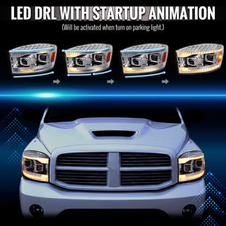 Spec D Projector Headlights Switchback Amber LED Strips: Dodge Ram 1500 2006-2008 / Ram 2500 3500 2006-2009 - Chrome/Clear