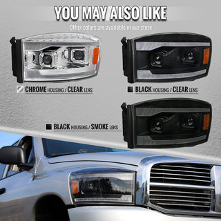 Spec D Projector Headlights Switchback Amber LED Strips: Dodge Ram 1500 2006-2008 / Ram 2500 3500 2006-2009 - Chrome/Clear